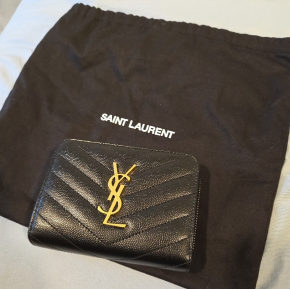 Saint Laurent Black Zip Wallet with Gold Logo - Picture 1 of 6